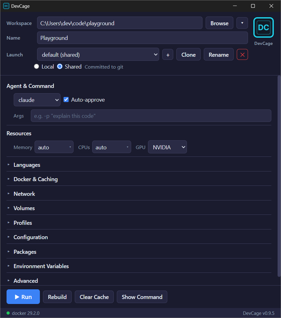DevCage Launcher desktop application showing workspace selection, agent and command dropdowns, resource settings, and collapsible configuration panels