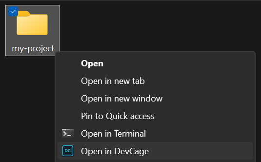 Windows Explorer context menu showing 'Open in DevCage' option